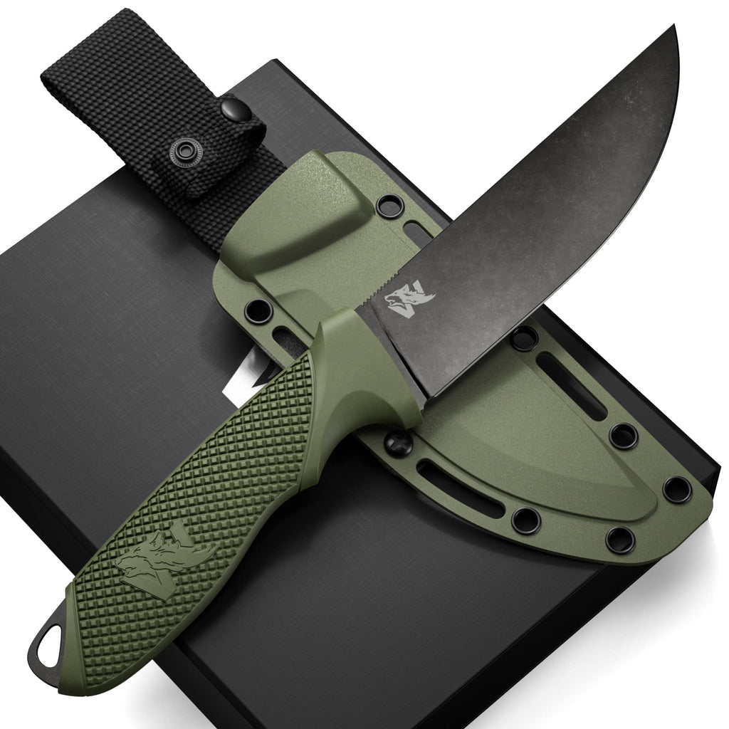 Cuchillo de Supervivencia ODENWOLF W-FLAT de Hoja Fija y Mango Completo con Funda - Cuchillo Táctico Elegante de Acero D2 - Cuchillo de Campamento y Bushcraft para Supervivencia - Cuchillo de Caza EDC Perfecto con Mango de TPE