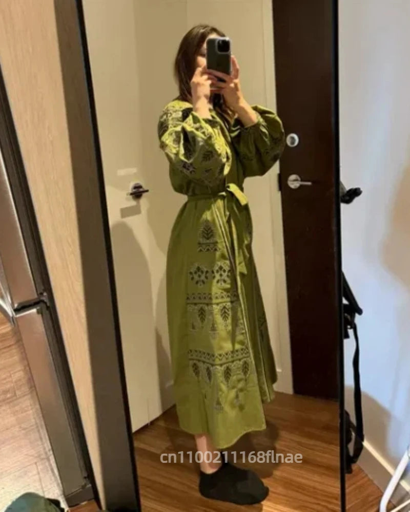 Vestido largo Estilo Retro Europeo   Étnico Primaveral y de otoño