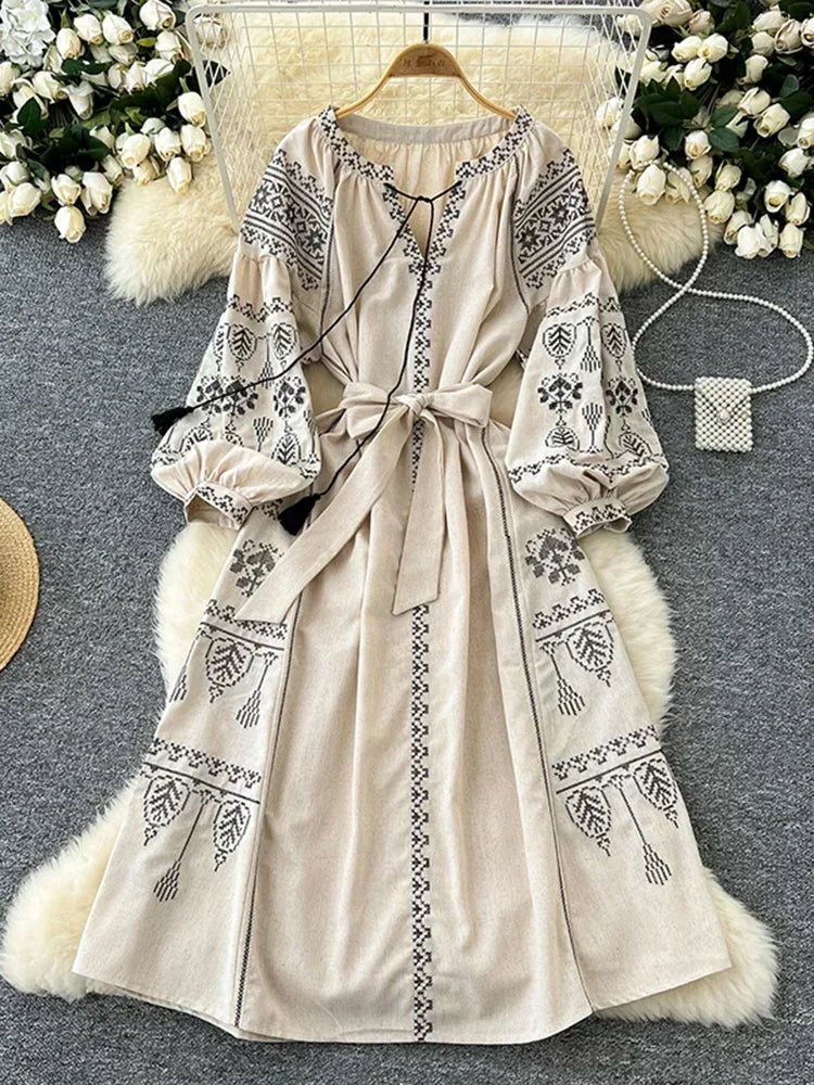 Vestido largo Estilo Retro Europeo   Étnico Primaveral y de otoño
