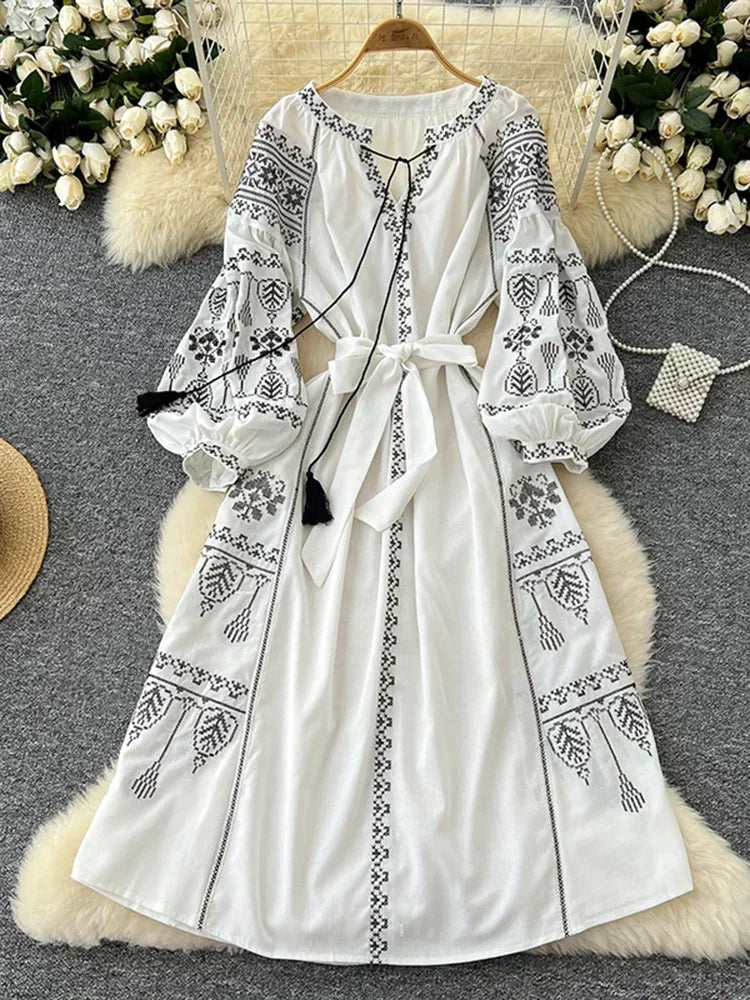 Vestido largo Estilo Retro Europeo   Étnico Primaveral y de otoño