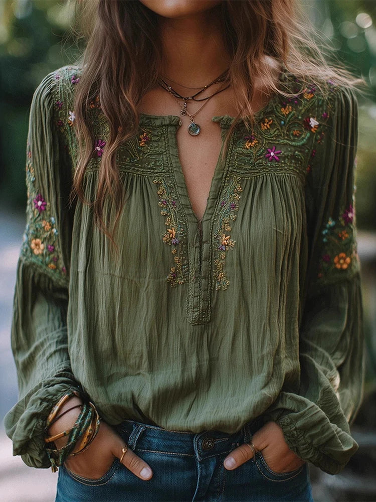 Blusa verde Militar estilo Retro Boho
