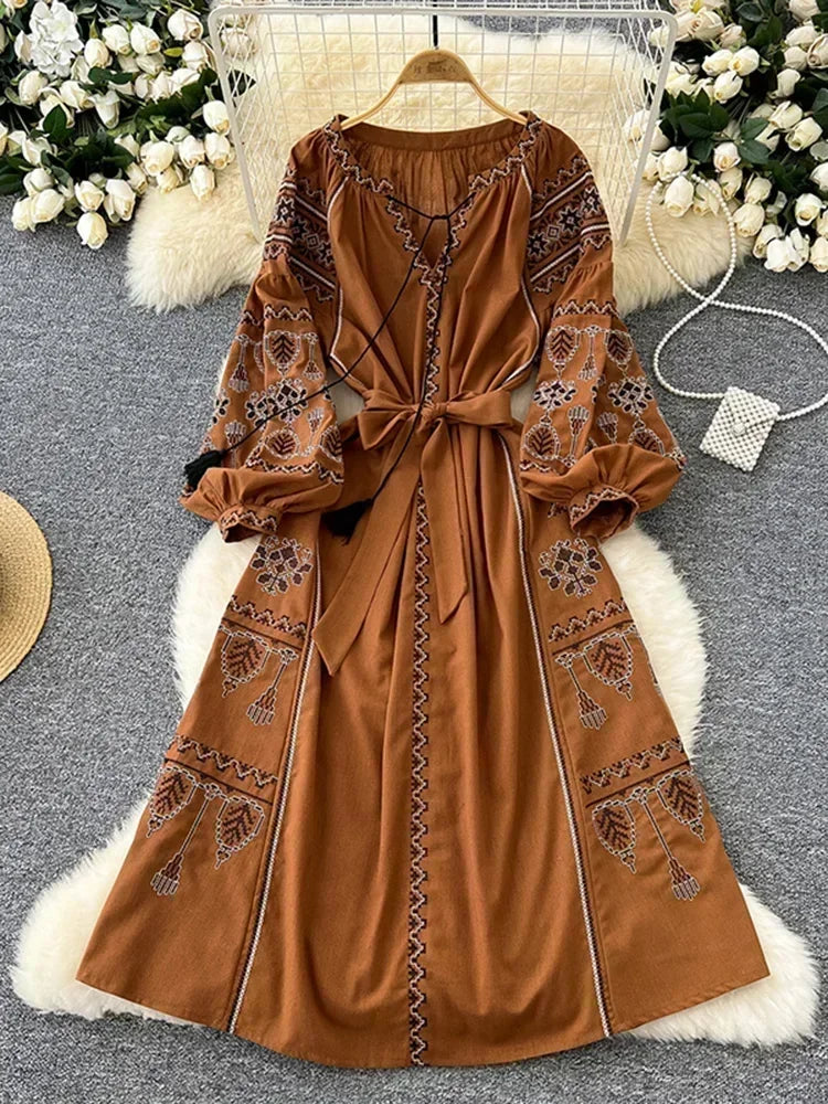 Vestido largo Estilo Retro Europeo   Étnico Primaveral y de otoño