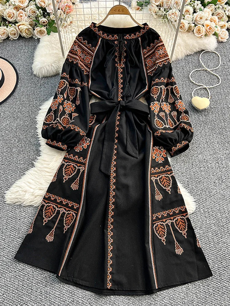 Vestido largo Estilo Retro Europeo   Étnico Primaveral y de otoño