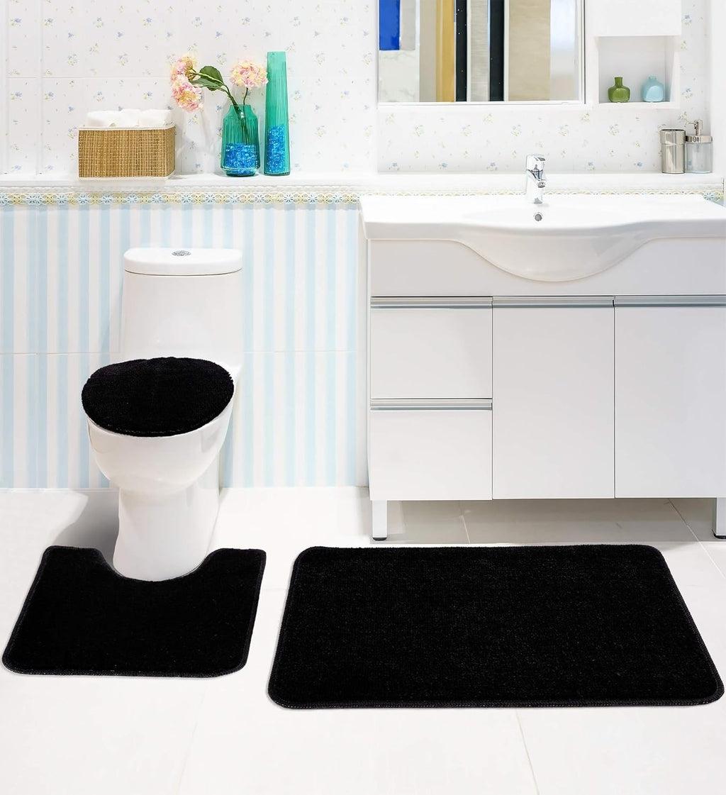 Machine Washable Seashell Design Non-Slip Rubberback 3PCS Bath Rug Set for Bathroom, 3 Piece - 18" X 30"/18" X 19"/18" X 18", Black